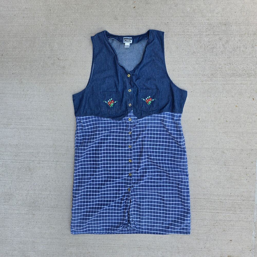 VINT Cottagecore Pinafore Midi Denim Plaid Dress Embroidery Button Plus Size 24W